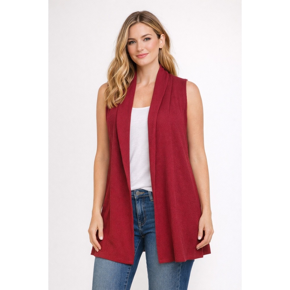 Soft Surroundings Red Textured Sleeveless Open Front Cardigan‎ Vest Sweater L